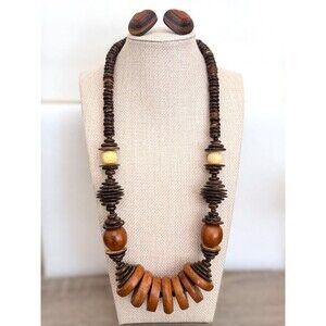Vintage Natural Wood Coconut Shell Discs Statement Necklace Clip On Earrings Set